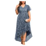 ZOMVA Plus Size Sequin Embroidery Formal Long Dress Glitter Side Slit A Line Dresses Prom Wedding Evening Gown, Gray Blue, 1X
