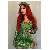 Springcmy Women Halloween Cospaly Costume Strapless Bodycon Dress Fake Leaves Sequin Dress with Gloves+Headwear Set (A-Green, S)