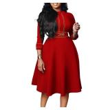 Women 3/4 Sleeve A-line Wedding Guest Dress Church Semi Formal Casual Midi Dresses for Cocktail Prom Tea Party Red XL