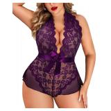 Avidlove Womens Plus Size Lingerie Sexy Bodysuit Halter Deep V Lace Teddy Babydoll Wineberry 16 Plus
