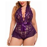 Avidlove Womens Plus Size Lingerie Sexy Bodysuit Halter Deep V Lace Teddy Babydoll Wineberry 16 Plus