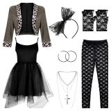 Boyiee Womens 80s Costume Set Dress Jacket Headband Earrings Necklace Lace Legging Gloves Halloween 80s Themed Costumes(XL)