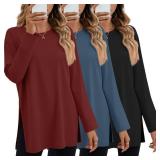 Huukeay 3 Pack Oversized Long Sleeve Shirts for Women Cotton Workout Side Split Gym Crewneck Tops Loose Basic Tee Winter(Black, Haze Blue, Wine Red,Large)
