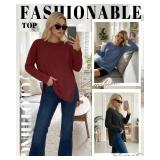 Huukeay 3 Pack Oversized Long Sleeve Shirts for Women Cotton Workout Side Split Gym Crewneck Tops Loose Basic Tee Winter(Black, Haze Blue, Wine Red,Large)