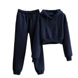 Tanming Women 2 Piece Outfits Sweatsuits Crop Pullover Fleece Sweatshirt Jogger Pants Lounge Set (Navy-M)