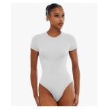 SINOPHANT Bodysuits for Women - Short Sleeve Round Neck Body Suit Stretchy Basic T Shirt Tops White, L
