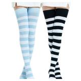Kayhoma Extra Long Cotton Stripe Thigh High Socks Over the Knee High Socks, 2 Pairs