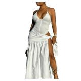 SHINFY Womens Sexy 2 Piece Skirt Sets Summer Beach Halter Backless Bodysuit Tie Up Slit Skirt Party Club Dress Sets White, XL