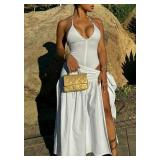 SHINFY Womens Sexy 2 Piece Skirt Sets Summer Beach Halter Backless Bodysuit Tie Up Slit Skirt Party Club Dress Sets White, XL