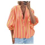 Tankaneo Womens Puff Sleeve Babydoll Tops Summer V Neck Striped Blouse Cute Casual Loose Fit Flowy Shirts Orange Pink, Medium