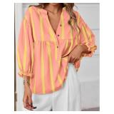 Tankaneo Womens Puff Sleeve Babydoll Tops Summer V Neck Striped Blouse Cute Casual Loose Fit Flowy Shirts Orange Pink, Medium