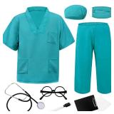 ZZIHAN Kids Doctor Costume Green Medical Scrubs Outfit with Stethoscope, Mask & Cap & Glasses,for Halloween, Career Day & School Play, Pretend Play, Nurse, Dentist & Vet Dress-Up for Boys & Girls 7-8