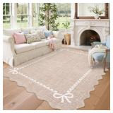 GarveeHome Scalloped Bow Rug for Living Room, Solid Camel Rug for Dorm, Washable Rugs 5x7 Soft Low Pile Non Slip Scalloped Rugs for Nursery College Bedroom Decor Kids Room Playroom