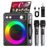 VOSOCO Karaoke Machine, Portable Bluetooth Karaoke Speaker with 2 Wireless Microphones, PA System for Adults Kids with LED Lights & Echo Adjustment, Supports TWS/TF/USB/AUX for Home Party