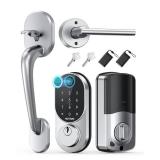Keyless Entry Door Lock with Handle: NUTOMO Silver Fingerprint Door Lock Set,Smart Door Lock with Handle,Electronic Keypad Deadbolt for Front Door,Easy Installation Code Auto Lock for Home
