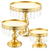 3 Pcs Cake Stand Set Round Cake Stand with Crystal Bling Pendants Dessert Table Display Set for Wedding Event Birthday Party Dessert Table(Gold)