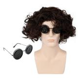 abouder Wybie Wig Short Brown Curly Wig Fluffy Synthetic Cosplay Halloween Hair Wigs for Men?Button Eyes Glasses
