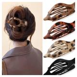Oeusnael 4 PCS Large Flat Hair Clips for Women Girls, French Concord Lay Down Claw Clips for Thick Thin Hair, Comfortable Curved Flat Clip, Leopard Print Stylish Strong Hold Hair Accessories, Tortoise