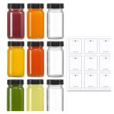 9 Pack, 2 oz Glass Shot Bottles w/ Black Lids & 9 Labels - Small Clear Jar for Ginger, Wellness Shot, Juice, Sample, Whiskey - Travel Essentials Mini Bottles - Wide Mouth, Leakproof, Dishwasher Safe