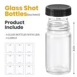 9 Pack, 2 oz Glass Shot Bottles w/ Black Lids & 9 Labels - Small Clear Jar for Ginger, Wellness Shot, Juice, Sample, Whiskey - Travel Essentials Mini Bottles - Wide Mouth, Leakproof, Dishwasher Safe