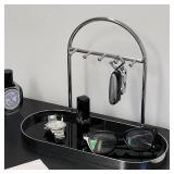 Shinpuru Metal Jewelry Organizer Stand & Key Holder Tray with Acrylic Base, Key Stand and Jewelry Tray with 5 Hooks, Perfect Key Bowl, Valet Key Tray, Ring Holder, Jewelry Dish (Silver Black)