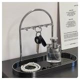 Shinpuru Metal Jewelry Organizer Stand & Key Holder Tray with Acrylic Base, Key Stand and Jewelry Tray with 5 Hooks, Perfect Key Bowl, Valet Key Tray, Ring Holder, Jewelry Dish (Silver Black)