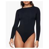 Black Bodysuit Women Long Sleeve Tops - Stretchy & Comfortable with Crew Neck