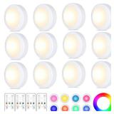 Yiliaw 12 Pack LED Puck Lights Remote Control 16 Color Changeable Under Cabinet Lights, Battery Operated Lights Night Light with Dimmer & Timmer for Closet Bedroom Kitchen, White