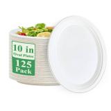 Vplus 100% Compostable Oval Paper Plates 10 inch 125 Pack Super Strong Disposable Paper Plates Bagasse Natural Biodegradable Eco-Friendly Sugarcane for BBQ, Party, Gathering, and Picnic