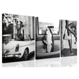 Trendy Black and White Posters Funny Woman Drinking Wine in Bathtub Wall Art Retro Fashion Woman Doing Handstand On Car Poste Feminist Black And White Wall Decoration Girls Dorm Aesthetic 16x12inch