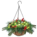 winemana Pre-Lit Artificial Christmas Hanging Basket Outdoor Decoration with Pine Cones & Red Berry Clusters, Battery Powered with Timer Lighted Branches Faux Plants for Outside Porch Front Door