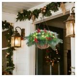 winemana Pre-Lit Artificial Christmas Hanging Basket Outdoor Decoration with Pine Cones & Red Berry Clusters, Battery Powered with Timer Lighted Branches Faux Plants for Outside Porch Front Door