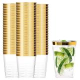 Tebery 100 Pack Clear Plastic Cups Party Glasses, 16Oz Disposable Cup Plastic Tumblers, Elegant Party Tumblers Cups Wedding Cup with Gold Rim