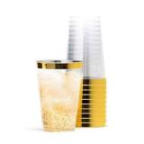 Tebery 100 Pack Clear Plastic Cups Party Glasses, 16Oz Disposable Cup Plastic Tumblers, Elegant Party Tumblers Cups Wedding Cup with Gold Rim