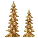 DN DECONATION Gold Christmas Tree Figurines, Set of 2 Modern Tabletop Xmas Trees, Elegant Resin Pine Decor for Mantel, Desk, Holiday Centerpieces, Gifts - Damage