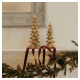 DN DECONATION Gold Christmas Tree Figurines, Set of 2 Modern Tabletop Xmas Trees, Elegant Resin Pine Decor for Mantel, Desk, Holiday Centerpieces, Gifts - Damage