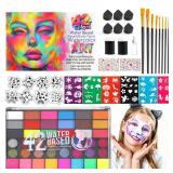 Face Painting Kit for Kids, 42 Color Water Activated Professional Face Paint Makeup Set with Reusable Stencils, Brushes, Sponges and Gems for Halloween, Christmas, Birthdays Parties & Carnival