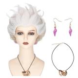 Miss U Hair Women Short Curly White Sea Witch Wig with Earrings and Conch Necklace Adult Cosplay Wig