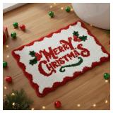 Dunzy Merry Christmas Bathroom Rugs Scalloped Bath Mat Christmas Bathroom Decor Absorbent Soft Red Bath Mats Non Slip Machine Washable Decorative Holiday Shower Rug for Bathtub Sink, 16 x 24 Inch