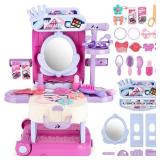 deAO 3 in 1 Toddler Vanity Makeup Table Girls Vanity & Suitcase Set with Fashion Accessories Pretend Play Travel Suitcase Fashion Beauty Set for Girls