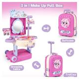 deAO 3 in 1 Toddler Vanity Makeup Table Girls Vanity & Suitcase Set with Fashion Accessories Pretend Play Travel Suitcase Fashion Beauty Set for Girls