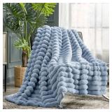 Cozy Bliss Faux Fur Throw Blanket for Couch, Cozy Warm Plush Striped Blanket for Sofa Bedroom Living Room, 50 * 60 Inches Light Blue