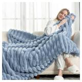 Cozy Bliss Faux Fur Throw Blanket for Couch, Cozy Warm Plush Striped Blanket for Sofa Bedroom Living Room, 50 * 60 Inches Light Blue