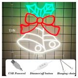 Zontruxe Christmas Neon Sign, LED Wall Decor with Bells, Bow & Holly Leaves Design, USB Powered with Dimmable Switch, Ideal for Christmas Party, Bedroom, Window, Holiday Gift, 15 x 13\"