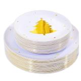 WDF 50Pieces Gold Plastic Plates-Christmas Tree Plastic Plates-Heavyweight White and Gold Disposable Plates for Christmas