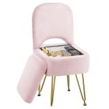 GREENSTELL Small Vanity Stool Chair with Storage and Folding Back, 13.4\" x 15\" x 30\" Square Faux Fur Soft Ottoman, 4 Metal Legs with Anti-Slip Feet, Furry Padded Seat for Makeup, Bedroom, Pink