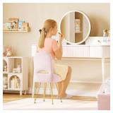 GREENSTELL Small Vanity Stool Chair with Storage and Folding Back, 13.4\" x 15\" x 30\" Square Faux Fur Soft Ottoman, 4 Metal Legs with Anti-Slip Feet, Furry Padded Seat for Makeup, Bedroom, Pink