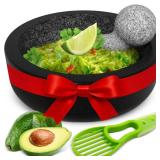 Umien Granite Mortar and Pestle Set - 8-Inch Natural Stone Molcajete with Avocado Tool - 3.5 Cup Capacity for Spices, Herbs, Pestos & Guacamole - Premium Kitchen Christmas Gift (Black)