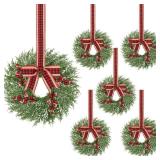 6 Pcs 14 Inch Small Christmas Wreath, Christmas Wreaths for Windows, Winter Mini Wreaths Christmas, Cabinet Wreaths for Kitchen, Window Decorations for Front Door Candle Rings Outdoor Indoor