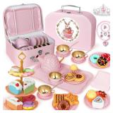 iAOVUEBY Tea Party Set for Little Girls, 49PCS Princess Tea Time Toys Including Tea Set Dessert Carrying Case, Kids Kitchen Pretend Playset, Tea Set for Girls Birthday Toddler Age 3-8, Pink